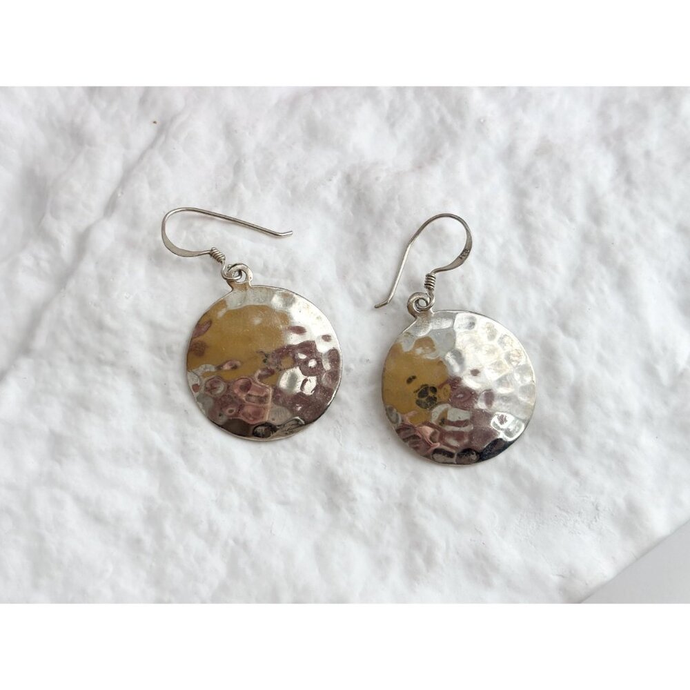 Thai made Round Minimalist Hammered Vintage Sterling Silver 925 Earrings - Picture 2 of 13